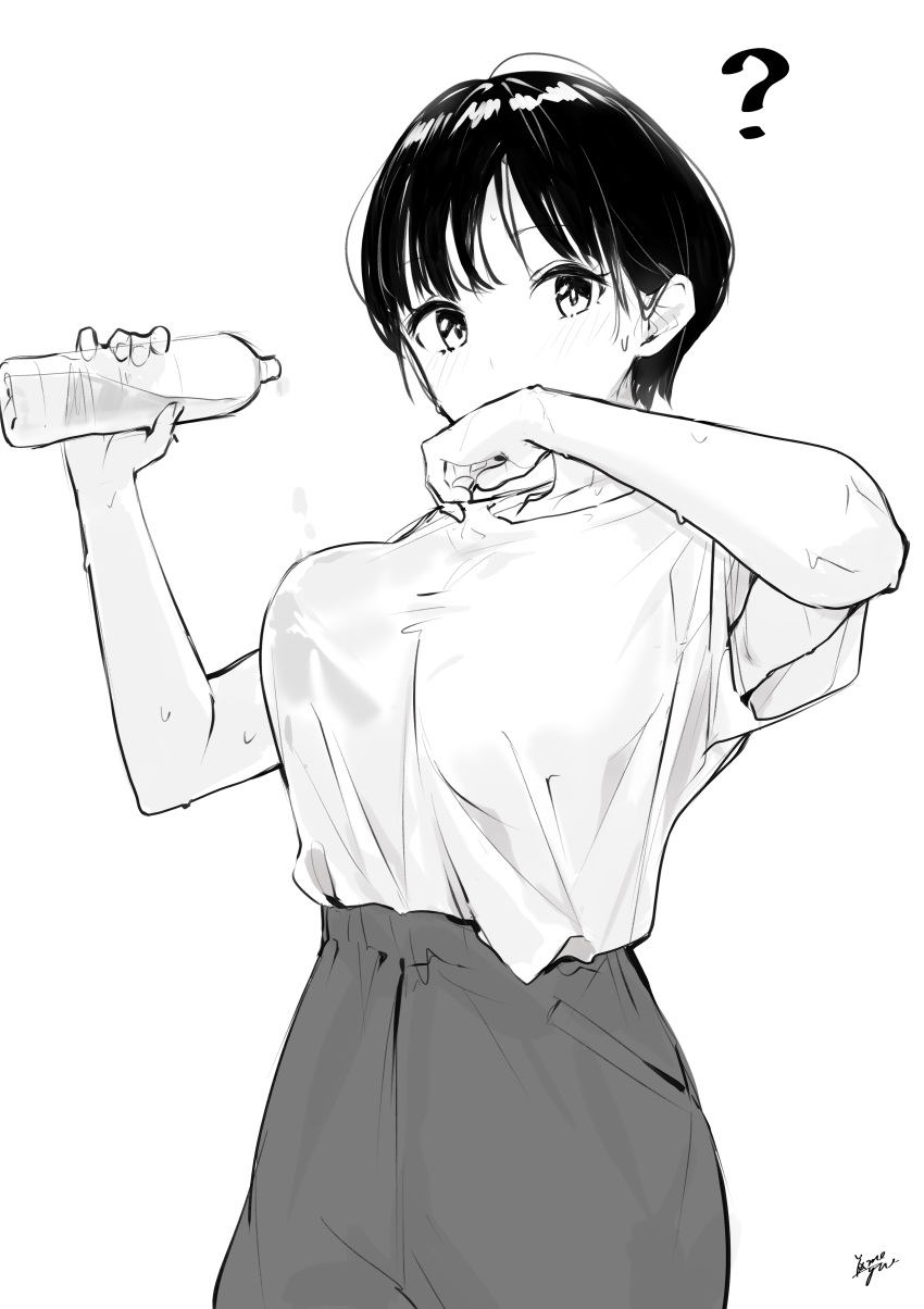 1girl ? absurdres bangs blush bottle breasts commentary_request covered_mouth greyscale gym_shirt gym_shorts gym_uniform highres holding holding_bottle looking_at_viewer medium_breasts monochrome original shirt short_hair short_sleeves shorts signature simple_background solo sweat takenoko_no_you water_bottle white_background