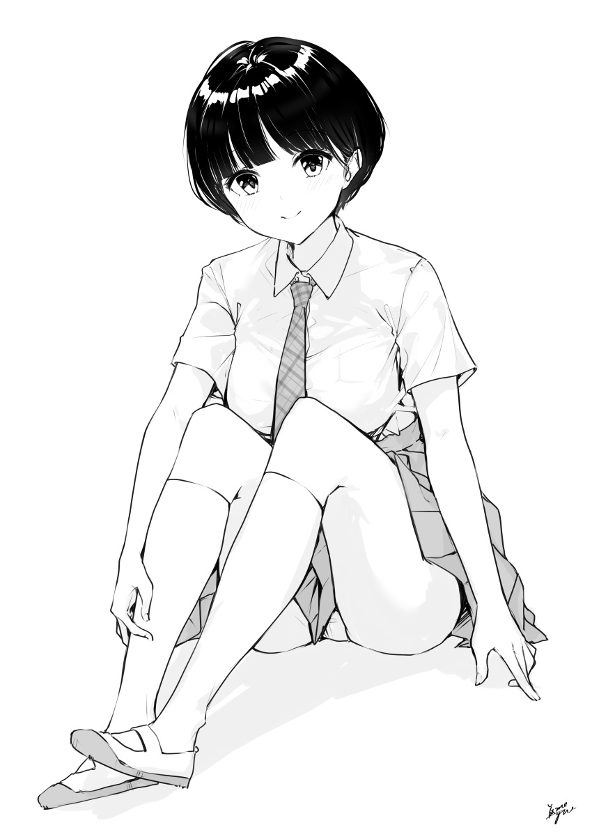 1girl absurdres bangs breasts closed_mouth collared_shirt commentary_request full_body greyscale highres knees_up looking_at_viewer medium_breasts monochrome necktie original panties plaid_neckwear pleated_skirt school_uniform shadow shirt shoes short_hair short_sleeves simple_background sitting skirt smile socks solo takenoko_no_you underwear uwabaki white_background