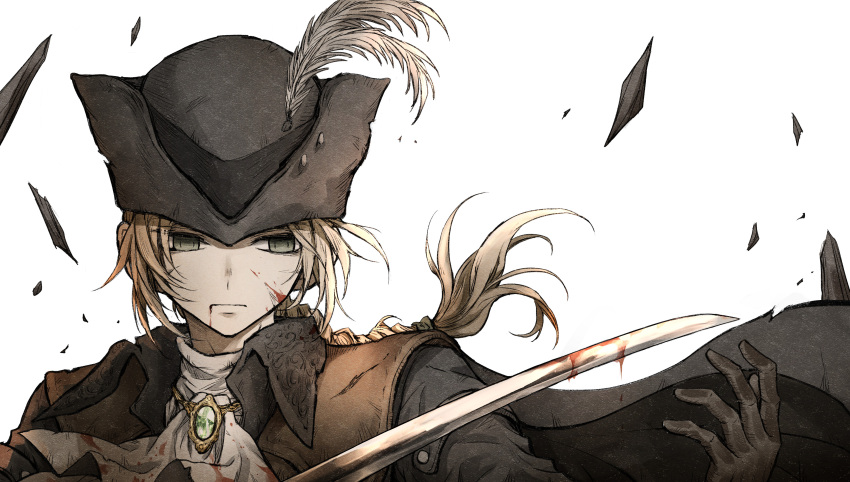 1girl absurdres ascot blonde_hair blood blood_on_face bloodborne cape coat commentary_request gloves hat hat_feather highres injury lady_maria_of_the_astral_clocktower long_hair looking_at_viewer ponytail shimoda_masaya solo sword the_old_hunters tricorne weapon white_background white_hair