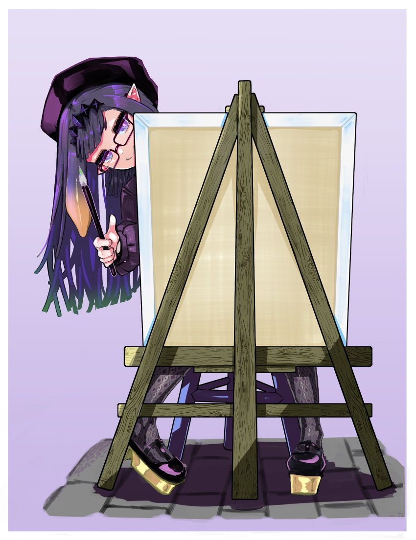 1girl absurdres bangs beret easel geema-geema glasses hair_behind_ear hat highres holding holding_paintbrush hololive hololive_english leaning_to_the_side ninomae_ina'nis paintbrush pantyhose pointy_ears purple_footwear purple_hair purple_headwear smile solo tentacle_hair violet_eyes virtual_youtuber
