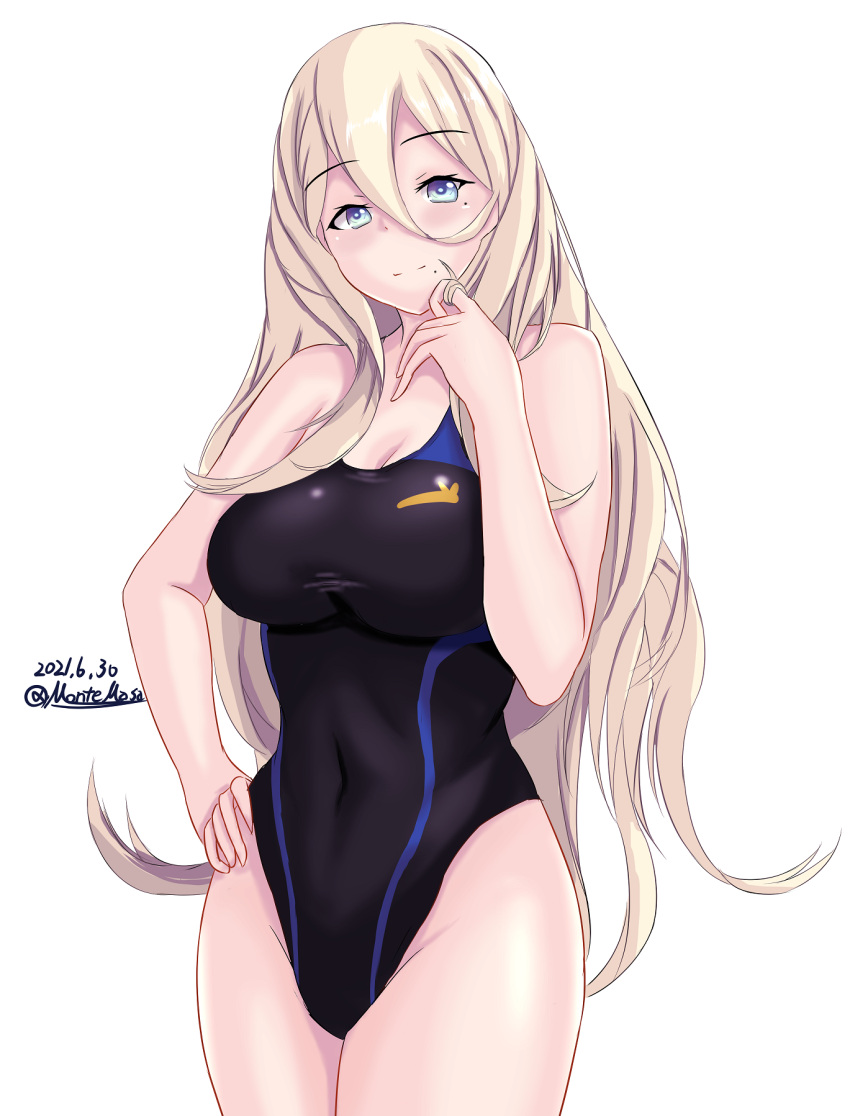 1girl black_swimsuit blonde_hair blue_eyes breasts competition_swimsuit dated hair_between_eyes highleg highleg_swimsuit highres kantai_collection large_breasts long_hair looking_at_viewer mole mole_under_eye mole_under_mouth montemasa one-piece_swimsuit richelieu_(kancolle) simple_background solo swimsuit twitter_username white_background