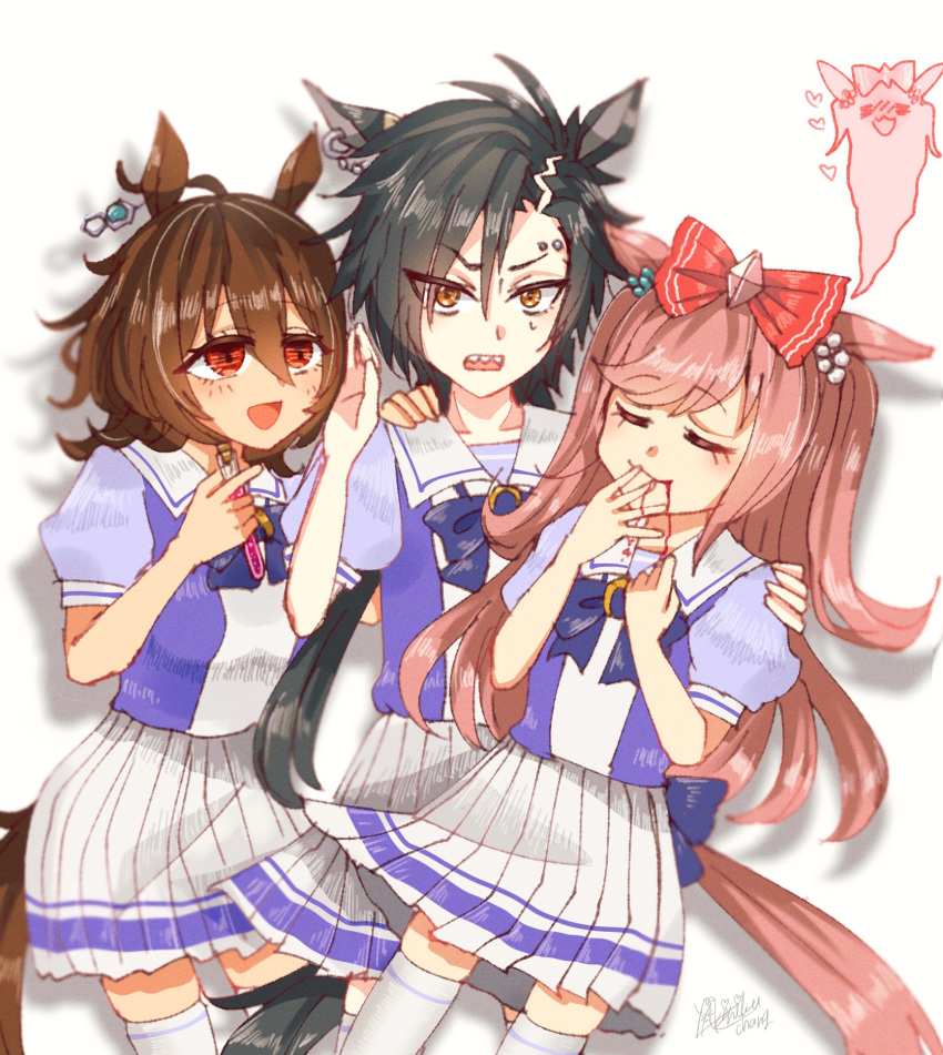 3girls :d agnes_digital_(umamusume) agnes_tachyon_(umamusume) ahoge air_shakur_(umamusume) angry animal_ears black_hair blood blood_from_mouth bow brown_hair closed_eyes commentary ear_piercing eyes_closed eyes_visible_through_hair giving_up_the_ghost hair_between_eyes hair_bow highres horse_ears horse_tail messy_hair multiple_girls open_mouth piercing pink_hair pleated_skirt red_bow red_eyes school_uniform sharp_teeth short_hair short_sleeves skirt tail test_tube thigh-highs thighhighs tracen_school_uniform umamusume yakiniku-chan_(alice-sweets) yellow_eyes