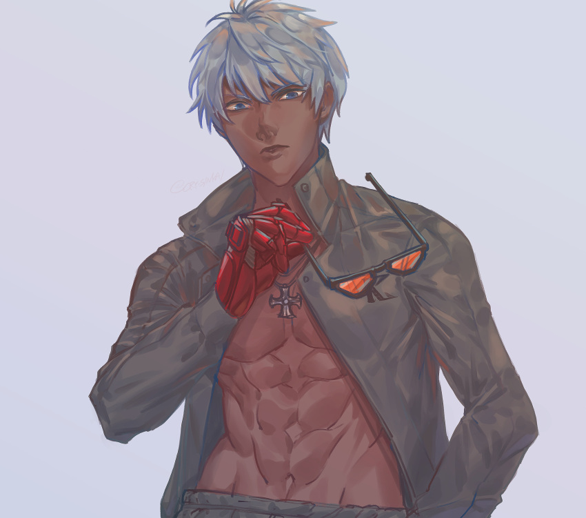 1boy absurdres black_jacket blue_eyes cross cross_necklace cry_sinkai gloves hand_on_own_head highres jacket jewelry k' looking_at_viewer necklace simple_background sunglasses tan the_king_of_fighters white_background white_hair
