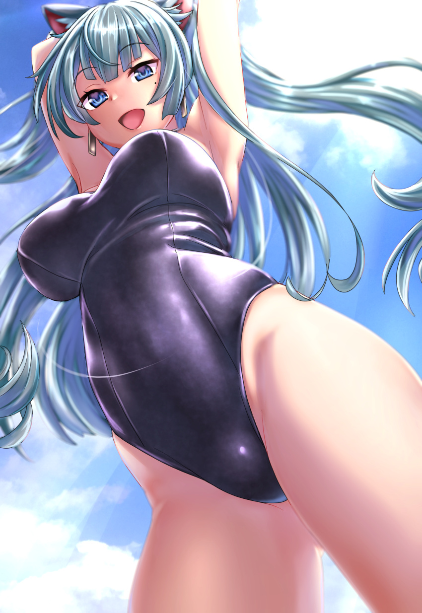 1girl :d animal_ears aqua_hair armpits arms_behind_head arms_up ass_visible_through_thighs bangs black_swimsuit blue_eyes blue_sky breasts commentary_request competition_swimsuit copyright_request day earrings eyebrows_visible_through_hair from_below highres jewelry kobamiso_(kobalt) large_breasts light_rays long_hair looking_at_viewer looking_down mole mole_under_eye one-piece_swimsuit open_mouth outdoors sky smile solo sunbeam sunlight swimsuit thighs two_side_up very_long_hair