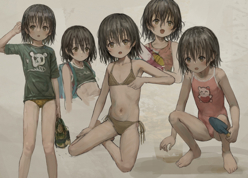 1girl backpack bag bikini brown_bikini brown_eyes brown_hair casual_one-piece_swimsuit feet_out_of_frame flat_chest full_body green_shirt hair_between_eyes highres looking_at_viewer messy_hair multiple_views one-piece_swimsuit original pink_swimsuit shion_(mirudakemann) shirt shoes_removed short_hair side-tie_bikini squatting swimsuit swimsuit_under_clothes t-shirt trowel