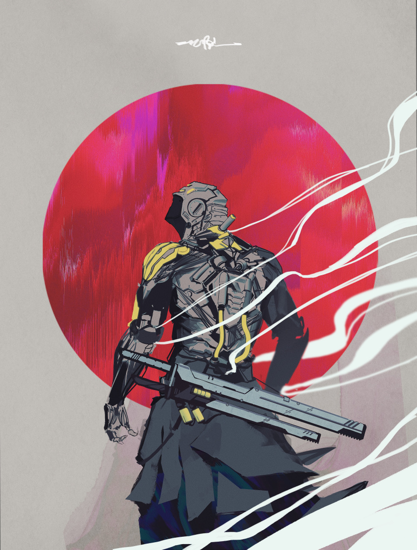1other absurdres android cable circle commentary cowboy_shot cyberpunk from_behind grey_background highres huge_filesize joints looking_back mechanical_parts original red_background robot_joints science_fiction smoke sword teraka1110 waist_cape weapon