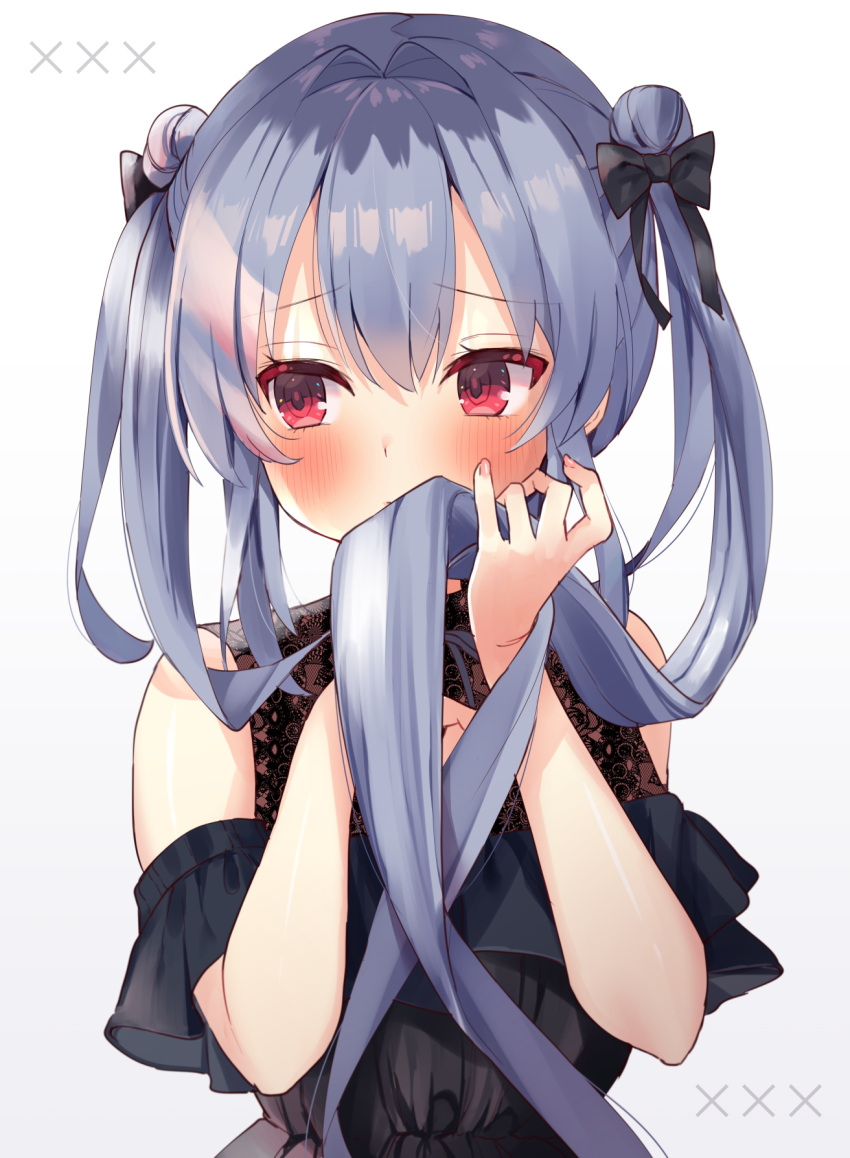 1girl bangs bare_shoulders beniko_(ymdbnk) black_bow black_dress black_shirt blush bow commentary_request covered_mouth double_bun dress eyebrows_visible_through_hair gradient gradient_background grey_background grey_hair hair_between_eyes hair_bow hair_intakes highres holding holding_hair long_hair looking_away looking_to_the_side off-shoulder_dress off_shoulder original red_eyes shirt sleeveless sleeveless_shirt solo twintails upper_body very_long_hair white_background