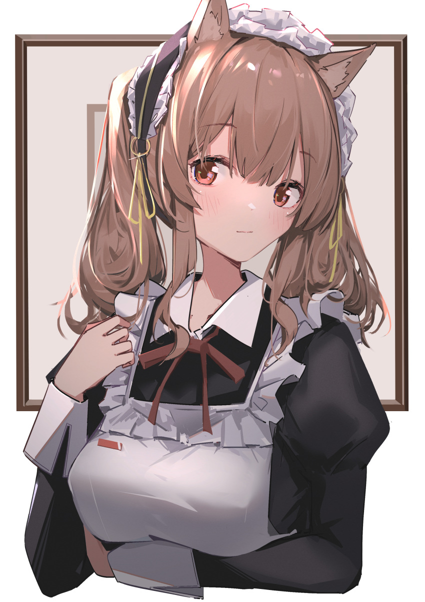 1girl absurdres alternate_costume angelina_(arknights) animal_ears apron arknights bangs brown_eyes brown_hair chichi_guai enmaided eyebrows_visible_through_hair frills hair_ornament highres long_hair maid maid_apron maid_headdress solo twintails upper_body white_background