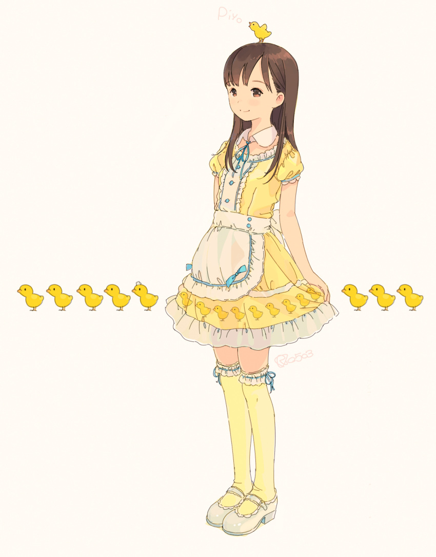 1girl absurdres animal_on_head apron bangs bird bird_on_head bow brown_eyes brown_hair buttons center_frills chick chick_print closed_mouth collared_dress dress frills highres kokudou_juunigou looking_to_the_side medium_hair on_head original shoes short_dress short_sleeves smile standing thigh-highs translucent waist_apron white_background white_footwear yellow_dress yellow_legwear