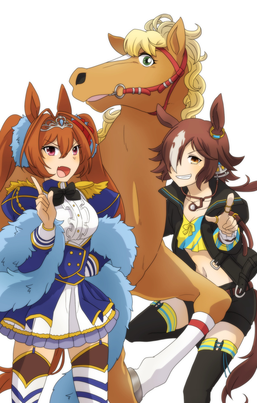 3girls animal_ears blonde_hair bridle brown_eyes brown_hair commentary_request cowboy_shot daiwa_scarlet_(umamusume) dress epaulettes eyebrows_visible_through_hair fang feather_boa femme_fatale_(taiyou_no_makibaoo) frilled_dress frills garter_straps green_eyes hair_over_one_eye highres horse_ears horse_girl horse_tail jacket midori_no_makibaoo midriff mochimoto_nakaba multicolored_hair multiple_girls partial_commentary tail thigh-highs tiara trait_connection twintails two-tone_hair umamusume violet_eyes vodka_(umamusume) wavy_hair white_hair