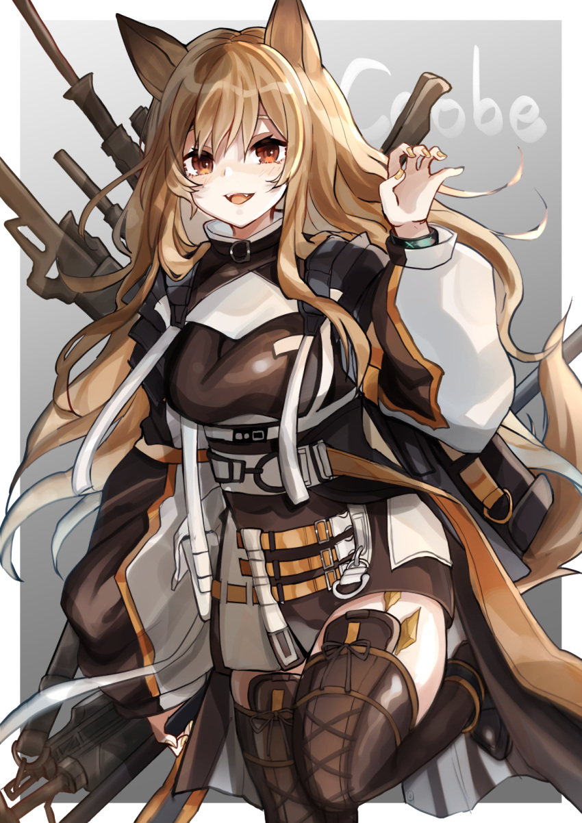 1girl andou_yuna animal_ears arknights boots brown_hair brown_jacket brown_legwear ceobe_(arknights) character_name commentary dog_ears dog_girl dog_tail hand_up highres holding holding_weapon infection_monitor_(arknights) jacket leg_up long_hair looking_at_viewer open_mouth oripathy_lesion_(arknights) red_eyes solo standing standing_on_one_leg tail thigh-highs thigh_boots weapon weapon_on_back wristband