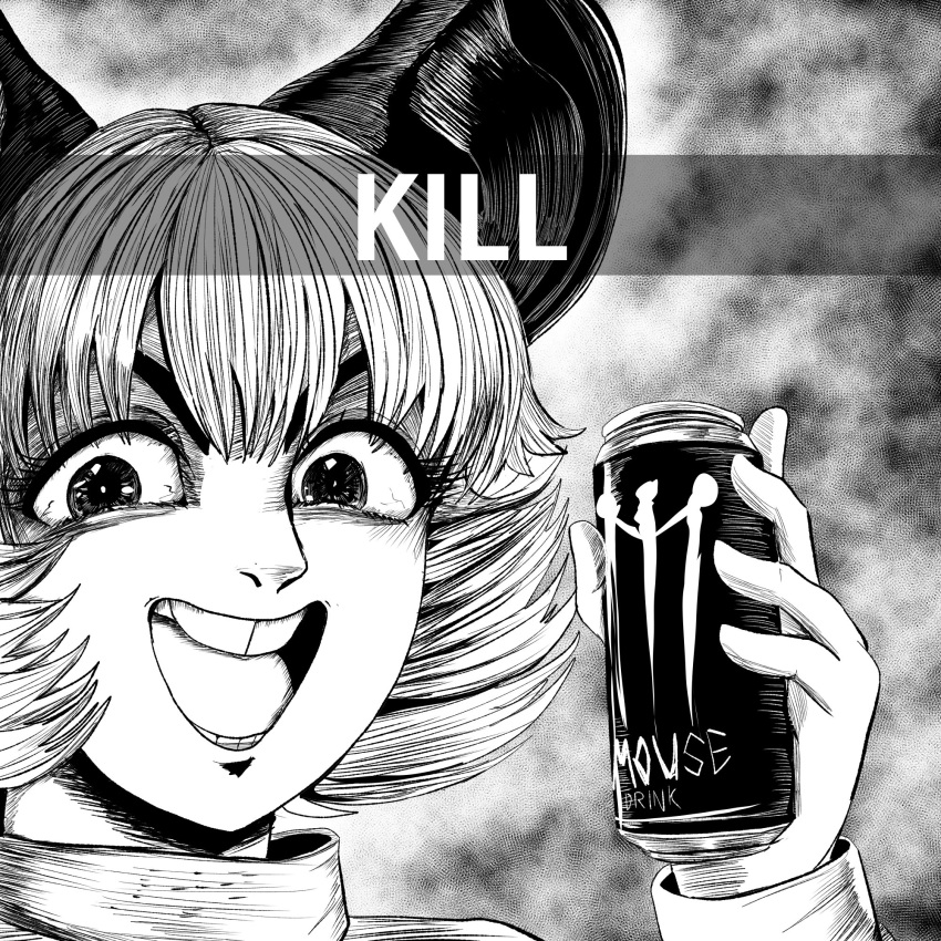 1girl animal_ears bangs bloodshot_eyes can commentary english_commentary english_text evil_smile face franzj greyscale highres holding holding_can looking_at_viewer meme monochrome monster_energy mouse_ears nazrin open_mouth parody short_hair smile snapchat solo step_arts style_parody teeth touhou