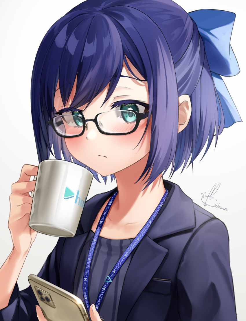 1girl a-chan_(hololive) absurdres aqua_eyes bangs black_jacket blue_bow blue_hair blush bow cellphone closed_mouth commentary_request cup eyebrows_visible_through_hair glasses hair_bow hands_up highres holding holding_cup holding_phone hololive jacket kito_koruta looking_at_viewer open_clothes open_jacket phone short_hair signature simple_background smartphone solo upper_body virtual_youtuber white_background