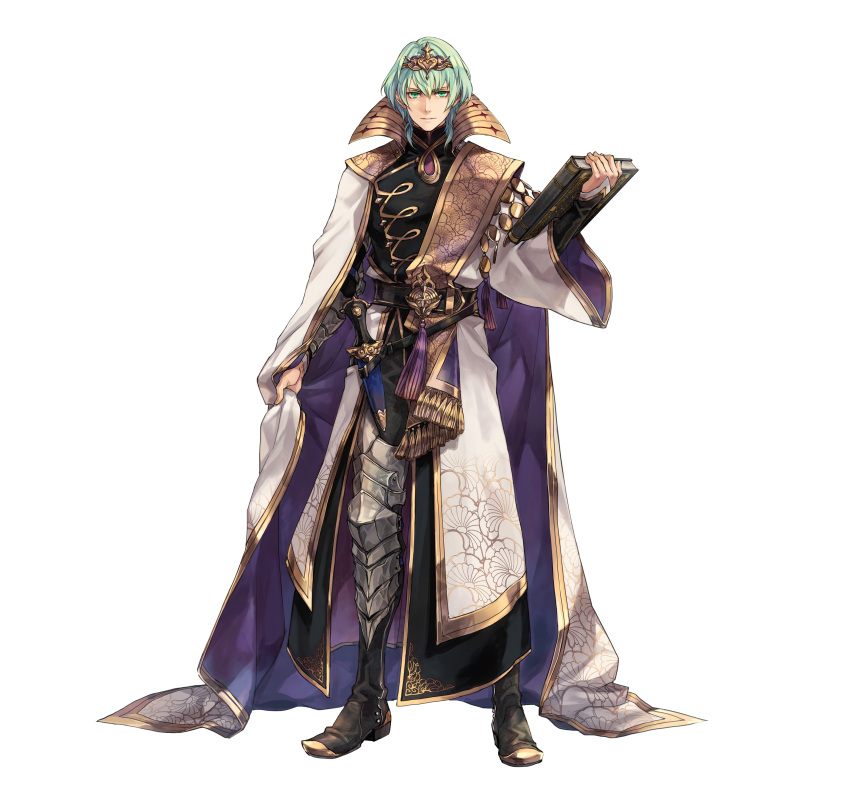 1boy absurdres alternate_hair_color armor asymmetrical_clothes bangs book boots byleth_(fire_emblem) byleth_eisner_(male) cape collar collared_shirt dagger enlightened_byleth_(male) fire_emblem fire_emblem:_three_houses fire_emblem_heroes full_body gloves green_eyes green_hair hagiya_kaoru hair_ornament highres holding holding_book knife long_sleeves nintendo official_art sheath sheathed shirt short_hair solo weapon