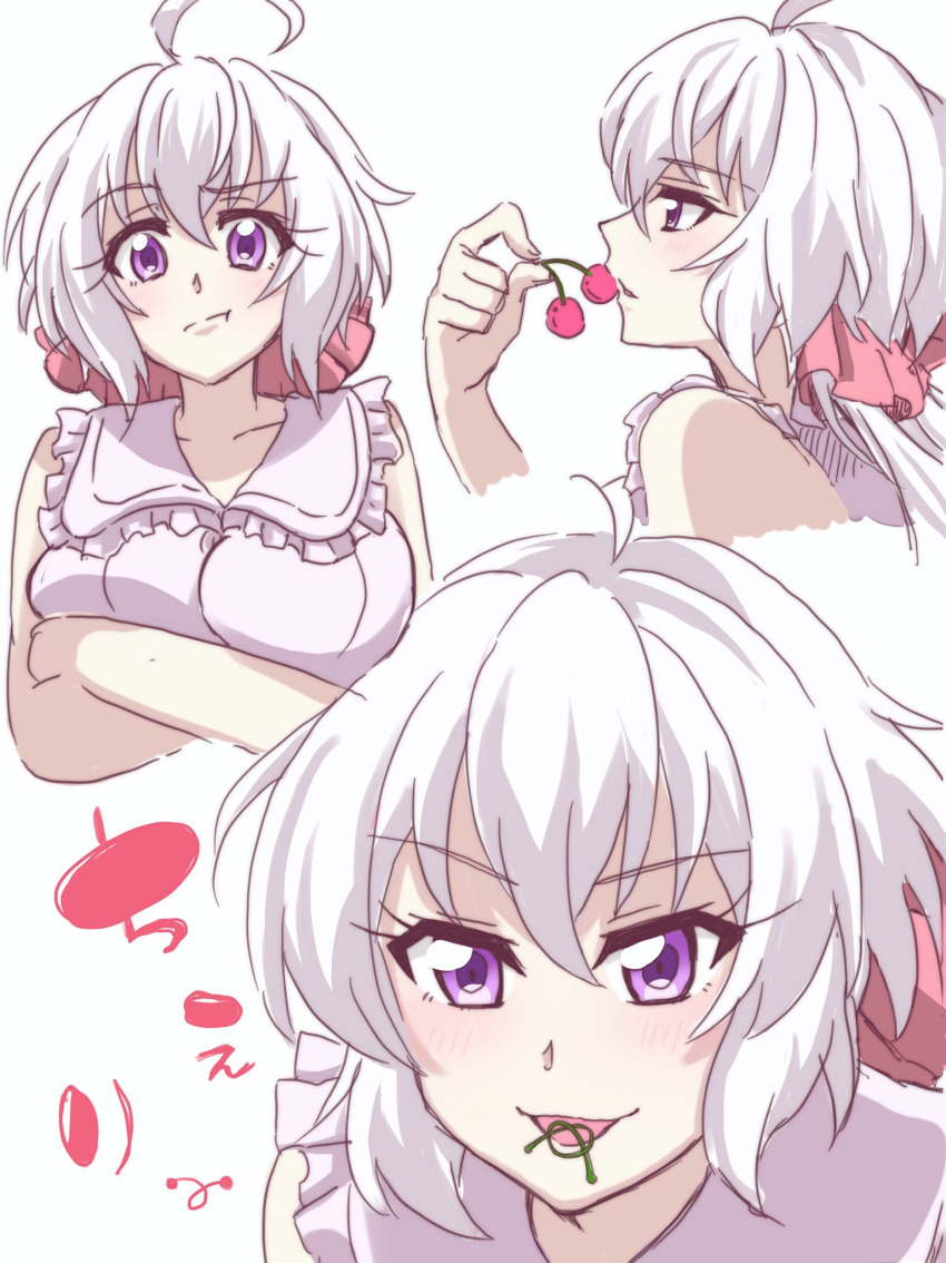 :t alternate_costume blush breasts cherry cherry_stem_knot cropped_arms cropped_legs crossed_arms eating emmxd325 food from_side fruit highres large_breasts long_hair looking_at_viewer open_mouth pink_ribbon ribbon senki_zesshou_symphogear twintails upper_body violet_eyes white_background yukine_chris
