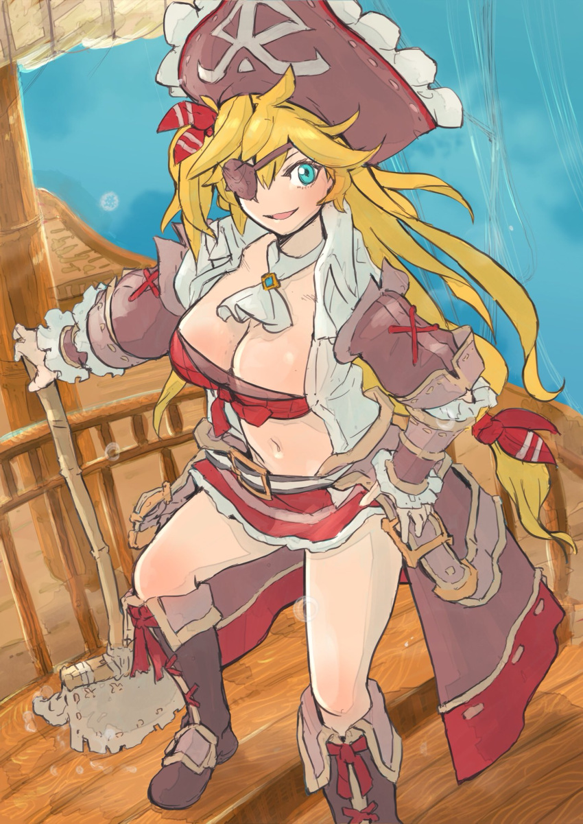 1girl bangs belt blonde_hair blue_eyes boots breasts broom dragalia_lost eyepatch hat highres holding holding_broom karina_(dragalia_lost) large_breasts long_hair looking_at_viewer nikukaiq open_mouth pirate_hat smile