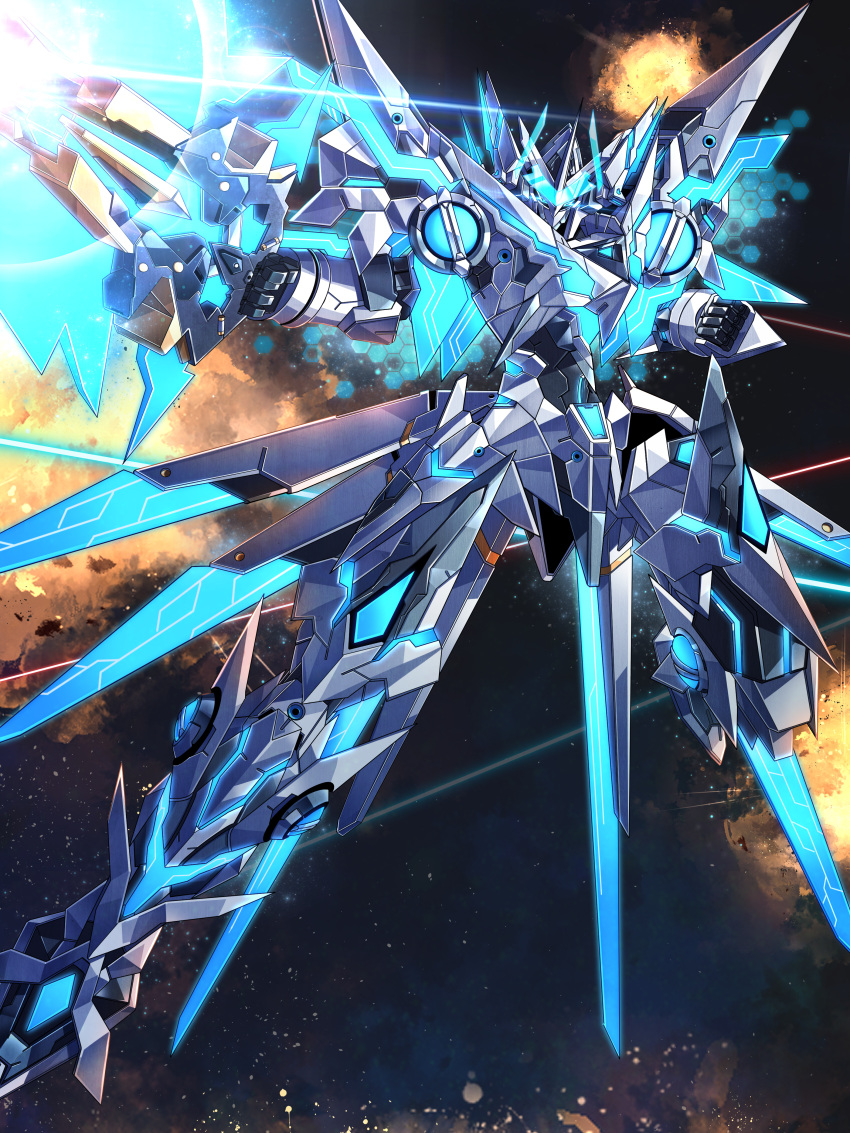 absurdres blue_eyes clenched_hand explosion floating highres holding holding_weapon huge_filesize looking_ahead mecha mecha_request no_humans papa-kun_(destiny549-2) phantasy_star phantasy_star_online_2 science_fiction solo v-fin weapon