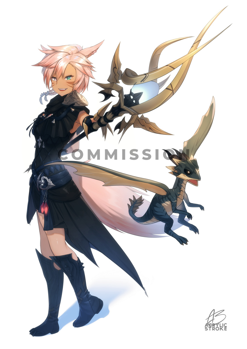 absurdres acrylicstroke ambiguous_gender animal_ears black_dress black_footwear boots braid commission dark_skin dragon dress facial_mark final_fantasy final_fantasy_xiv highres holding holding_staff huge_filesize light_brown_hair miqo'te open_mouth original simple_background smile staff tail whisker_markings white_background