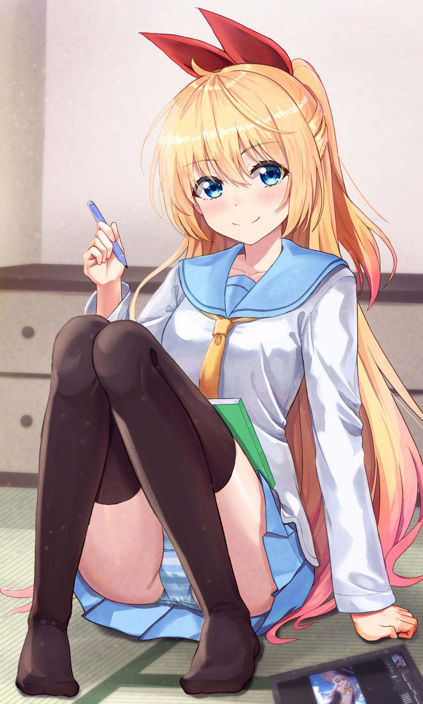 1girl absurdres arm_support ass bangs black_legwear blonde_hair blue_eyes blue_sailor_collar blush breasts character_request closed_mouth collarbone commentary_request eyebrows_visible_through_hair hair_ribbon hand_up happycloud highres holding holding_pen kirisaki_chitoge long_hair long_sleeves looking_at_viewer nisekoi no_shoes panties pantyshot pen pleated_skirt red_ribbon ribbon sailor_collar school_uniform shiny shiny_hair shirt sitting skirt small_breasts smile solo striped striped_panties thigh-highs underwear very_long_hair white_shirt