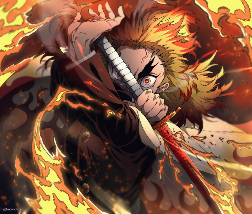 1boy arm_up artist_name blonde_hair buttons cape colored_tips commentary covered_mouth dalc_rose eyebrows fire floating_hair forked_eyebrows gakuran highres holding holding_sword holding_weapon katana kimetsu_no_yaiba long_hair long_sleeves looking_at_viewer male_focus multicolored multicolored_eyes multicolored_hair red_eyes redhead rengoku_kyoujurou sanpaku school_uniform solo sword symbol_commentary topknot twitter_username two-tone_hair veins weapon white_cape wide-eyed yellow_eyes