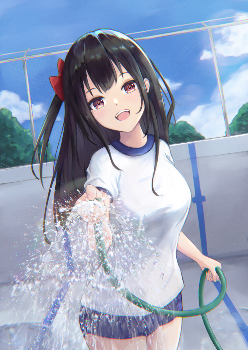 1girl :d bangs black_hair blue_shorts blue_sky bow breasts chain-link_fence clouds cowboy_shot day empty_pool evanstan fence gym_uniform hair_bow highres holding hose long_hair looking_at_viewer medium_breasts open_mouth original outdoors pool puddle red_bow red_eyes shirt short_sleeves shorts sky smile solo tree upper_teeth water white_shirt