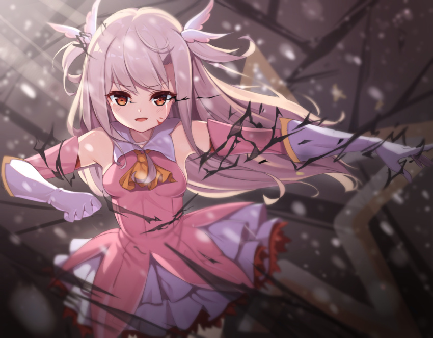 1girl blurry blurry_background blurry_foreground blush brown_eyes commentary_request eyebrows_visible_through_hair fate/kaleid_liner_prisma_illya fate_(series) feather_hair_ornament feathers gloves hair_between_eyes hair_ornament illyasviel_von_einzbern isinose_(ilxodidli) long_hair looking_at_viewer magical_girl motion_blur prisma_illya red_eyes shirt sleeveless sleeveless_shirt solo white_gloves