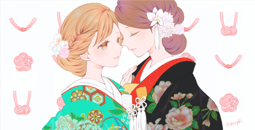 2girls aqua_kimono bangs black_kimono blonde_hair bride brown_eyes brown_hair closed_eyes closed_mouth commentary eyebrows_visible_through_hair floral_print flower forehead-to-forehead hair_flower hair_ornament hand_on_another's_shoulder highres japanese_clothes kimono knot layered_clothing layered_kimono lips long_hair looking_at_another multiple_girls original parted_lips pink_flower print_kimono sheepd simple_background smile tassel tied_hair twitter_username upper_body white_background wife_and_wife yuri