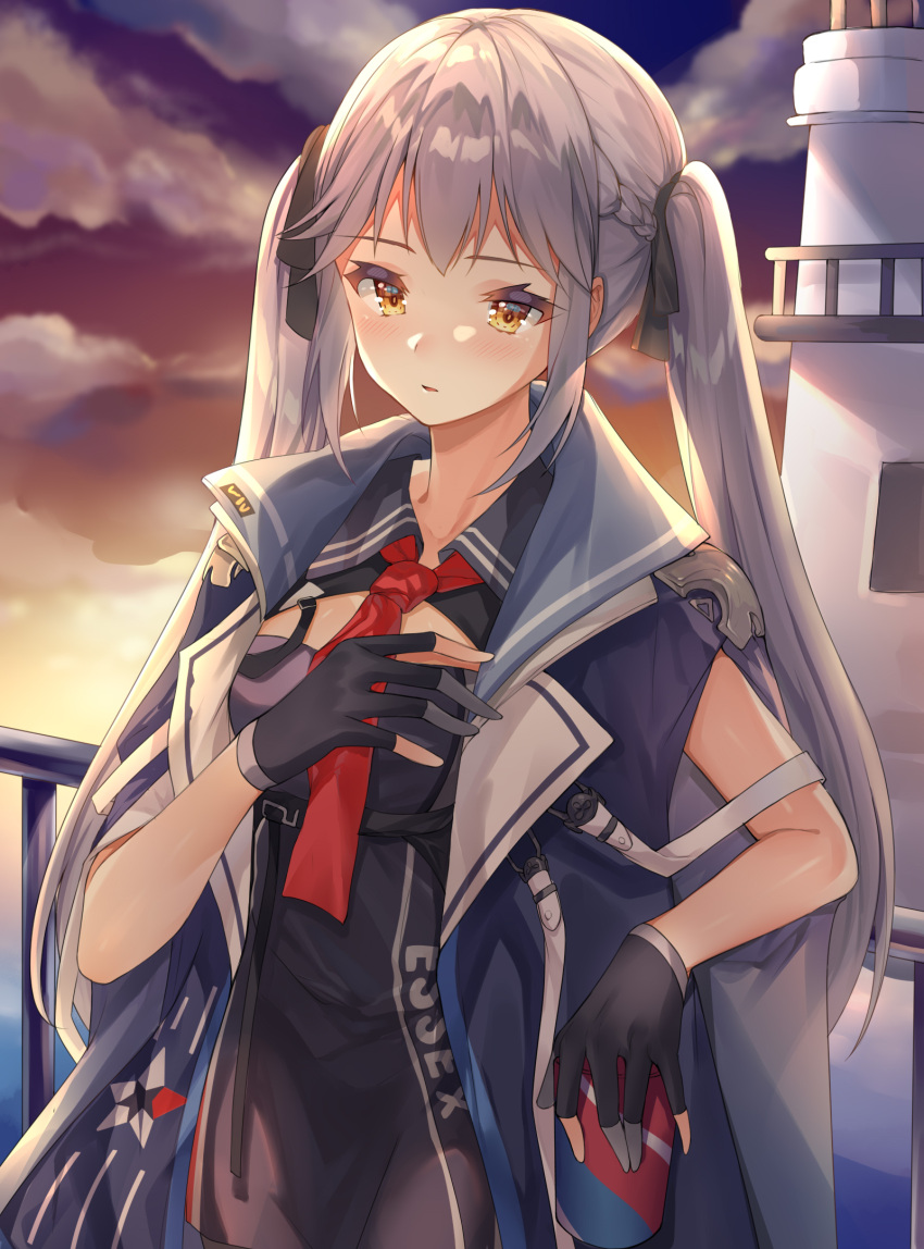 1girl azur_lane bangs black_gloves black_ribbon blue_cloak blue_dress blue_hair blush braid breasts chinese_commentary cloak clothes_writing clouds collared_dress commentary_request cowboy_shot dress essex_(azur_lane) eyebrows_visible_through_hair french_braid gloves gradient_sky guzangnanfeng hair_between_eyes hair_ribbon hand_up highres lighthouse long_hair looking_at_viewer medium_breasts necktie ocean orange_sky outdoors parted_lips partially_fingerless_gloves purple_sky railing red_neckwear ribbon sidelocks sky solo standing sunset twintails very_long_hair yellow_eyes