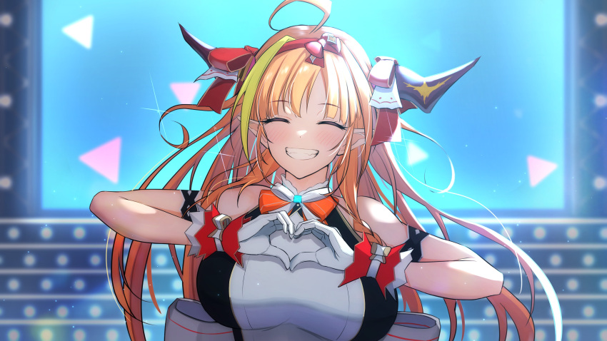 1girl absurdres ahoge arm_garter back_bow bangs bare_arms bare_shoulders blonde_hair blurry blurry_background blush bow bow_hairband braid breasts closed_eyes commentary_request dragon_girl dragon_horns eyebrows_visible_through_hair facing_viewer gloves grin hairband heart heart_hands highres hololive hololive_idol_uniform horn_ornament horn_ribbon horns idol idol_clothes kiryu_coco large_breasts long_hair multicolored_hair official_alternate_costume orange_hair pointy_ears red_hairband red_ribbon ribbon side_braid sidelocks single_braid sleeveless smile solo sora_shitatoge sparkle stage standing streaked_hair teeth upper_body virtual_youtuber white_gloves wrist_cuffs