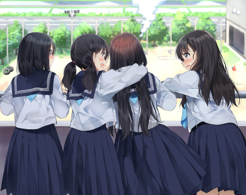 4girls :d absurdres arm_around_neck bangs black_hair blue_neckwear blue_sailor_collar blue_skirt blurry blurry_background blush closed_mouth commentary_request day depth_of_field eyebrows_visible_through_hair fence flying_sweatdrops grey_eyes hair_between_eyes highres long_hair low_twintails multiple_girls open_mouth original outdoors pentagon_(railgun_ky1206) pleated_skirt profile road sailor_collar school_uniform serafuku shirt skirt smile steam tire tree twintails very_long_hair wavy_mouth white_shirt