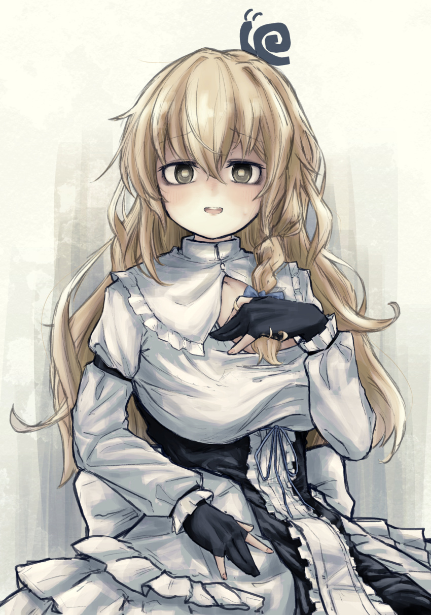 1girl animal_on_head bangs black_gloves blonde_hair blue_bow bow braid breasts cleavage_cutout clothing_cutout commentary_request cookie_(touhou) cowboy_shot eyebrows_visible_through_hair frilled_sleeves frills gloves hair_between_eyes hair_bow highres kirisame_marisa long_hair long_sleeves looking_at_viewer mars_(cookie) medium_breasts no_hat no_headwear on_head open_mouth partially_fingerless_gloves shirt side_braid single_braid snail solo tail_or touhou white_shirt yellow_eyes