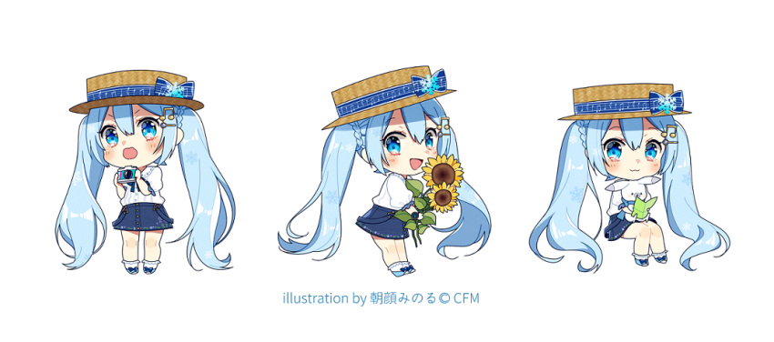 1girl :3 asagao_minoru blue_bow blue_eyes blue_neckwear blue_skirt boater_hat bow bracelet buttons camera chibi commentary_request crypton_future_media flower full_body hair_ornament hairclip hand_up hat hat_bow hatsune_miku holding holding_camera holding_flower holding_map jewelry leaning_forward light_blue_hair long_hair looking_at_viewer map miniskirt multiple_views musical_note_hair_ornament neck_ribbon open_mouth rabbit_yukine ribbon shirt short_sleeves sitting sitting_on_lap sitting_on_person skirt smile snowflake_ornament standing sunflower twintails very_long_hair vocaloid white_background white_shirt yuki_miku