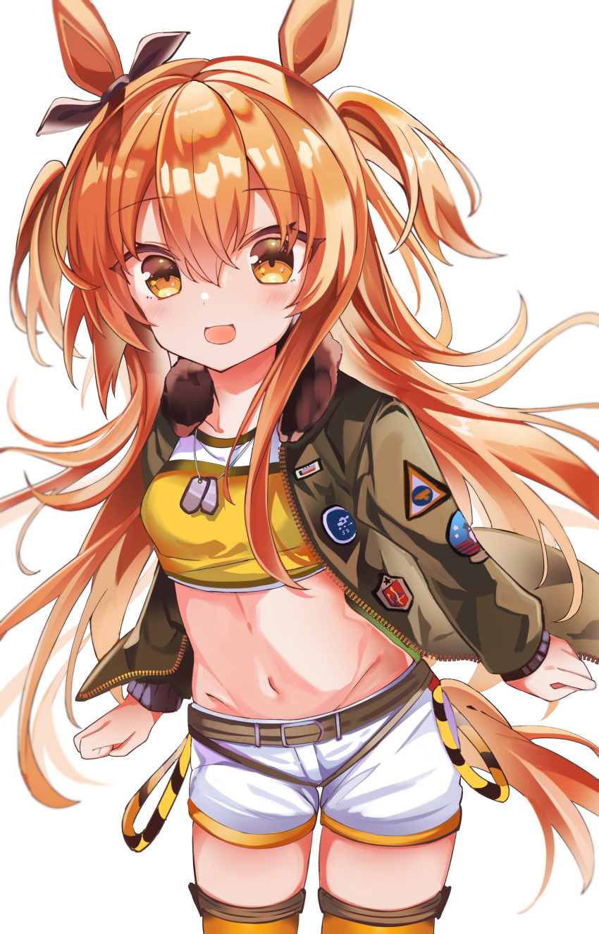 1girl absurdres animal_ears blush breasts collarbone commentary_request crop_top dog_tags fathom hair_ornament highres horse_ears horse_girl horse_tail jacket looking_at_viewer mayano_top_gun_(umamusume) navel open_mouth orange_eyes orange_hair shorts simple_background small_breasts solo tail twintails two_side_up umamusume white_background