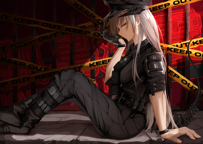1girl absurdres aokuma_(yuuran_create) arknights arm_support bangs biting black_footwear black_headwear boots breasts caution_tape commentary dragon_girl dragon_horns dragon_tail eyebrows_visible_through_hair from_side glove_biting gloves hat highres horns huge_filesize keep_out knees_up long_hair looking_at_viewer looking_to_the_side medium_breasts official_alternate_costume orange_eyes plate_carrier police police_hat police_uniform saria_(arknights) saria_(the_law)_(arknights) sideways_glance silver_hair single_glove sitting sleeves_rolled_up solo tactical_clothes tail uniform walkie-talkie