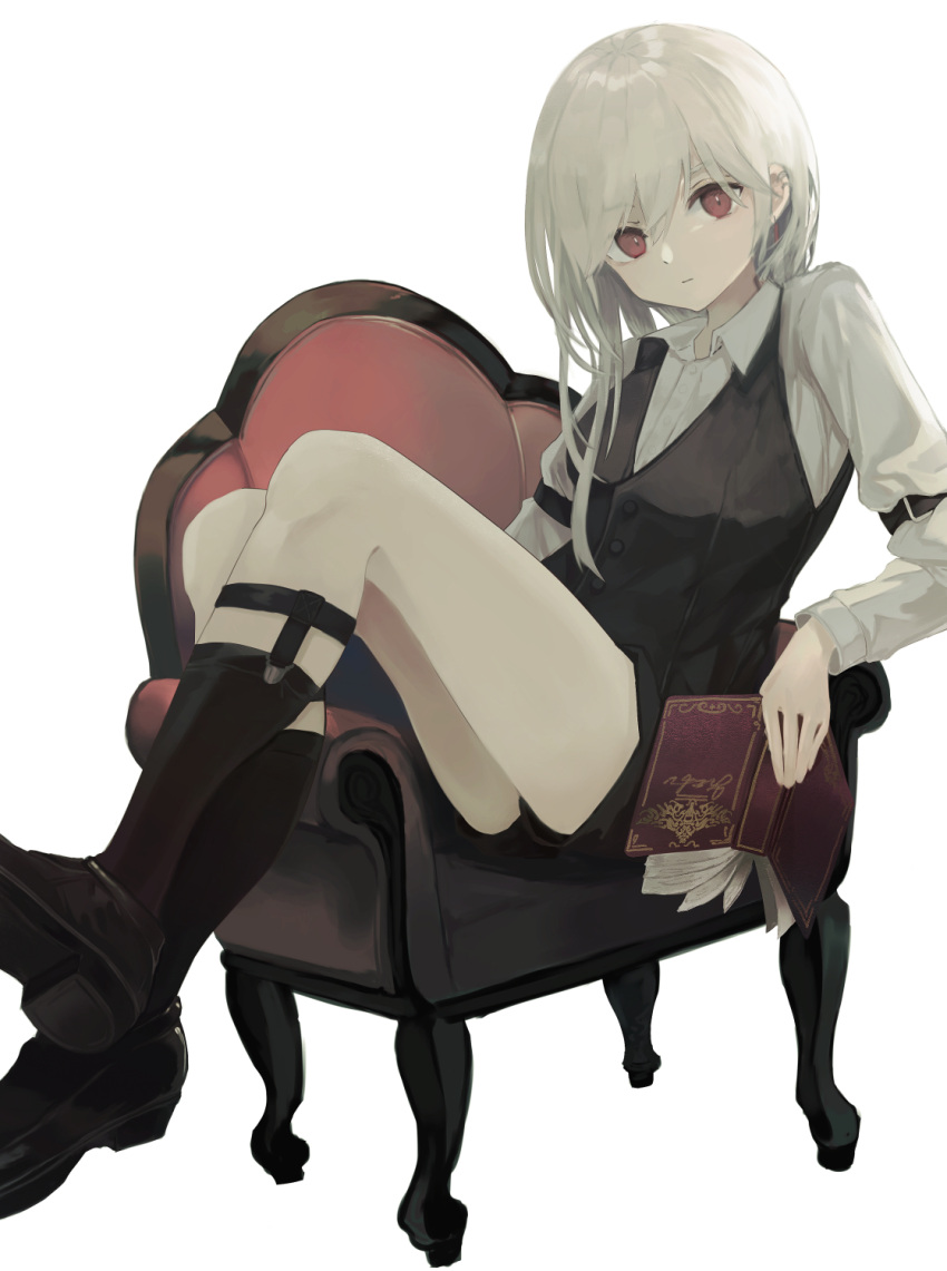 1girl armchair bangs black_footwear black_legwear black_shorts black_vest book brown_eyes chair collared_shirt dress_shirt eyebrows_visible_through_hair hair_between_eyes highres holding holding_book loafers long_hair long_sleeves looking_at_viewer ogami_ren on_chair open_book original shirt shoes short_shorts shorts simple_background socks solo vest white_background white_hair white_shirt