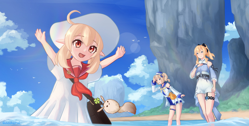 :d ahoge akarui_(akaruiakarui) alternate_costume arms_up bag bag_charm bangs barbara_(genshin_impact) barbara_(summertime_sparkle)_(genshin_impact) beach blonde_hair blue_eyes blue_sky blue_swimsuit bow casual charm_(object) clouds cloudy_sky clover_print commentary_request detached_sleeves dodoco_(genshin_impact) dress drill_hair duck_print eyebrows_visible_through_hair genshin_impact hair_between_eyes hair_bow hair_ribbon hand_on_own_chest handbag hat highres horizon in_water island jean_(genshin_impact) jean_(sea_breeze_dandelion)_(genshin_impact) klee_(genshin_impact) leaning_forward long_hair looking_at_viewer ocean open_mouth outstretched_arms pointy_ears ponytail red_eyes ribbon sailor_collar sailor_dress salute shoulder_bag sidelocks sky smile spread_arms sun_hat swimsuit twin_drills
