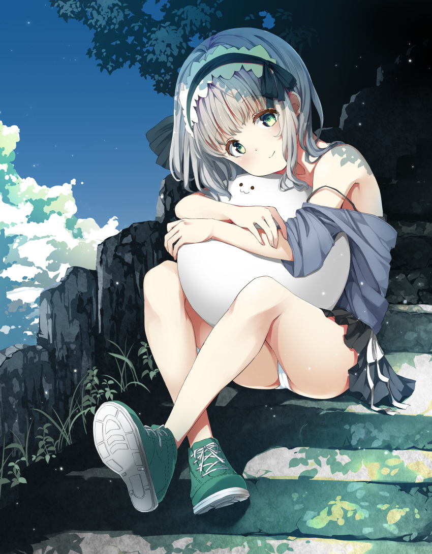 1girl :3 bangs black_hairband blue_sky bob_cut closed_mouth clouds cloudy_sky commentary contemporary dappled_sunlight day frilled_hairband frills green_footwear grey_hair grey_shirt hairband head_tilt highres konpaku_youmu konpaku_youmu_(ghost) long_sleeves looking_at_viewer miniskirt no_socks off_shoulder outdoors panties pantyshot pegashi pleated_skirt shirt shoes short_hair sitting skirt sky smile sneakers solo stairs strap_slip sunlight touhou underwear white_panties