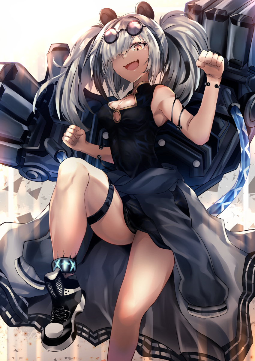 1girl absurdres arknights black_dress black_footwear black_hair black_jacket breasts china_dress chinese_clothes cleavage_cutout clothing_cutout commentary dress eyewear_on_head feater_(arknights) foot_out_of_frame hair_over_one_eye highres infection_monitor_(arknights) jacket large_breasts leg_belt leg_up long_sleeves looking_at_viewer mechanical_arms multicolored_hair open_clothes open_jacket open_mouth purple-tinted_eyewear round_eyewear seabread shoes simple_background smile sneakers solo standing standing_on_one_leg streaked_hair sunglasses two-tone_hair two-tone_jacket white_hair yellow_eyes