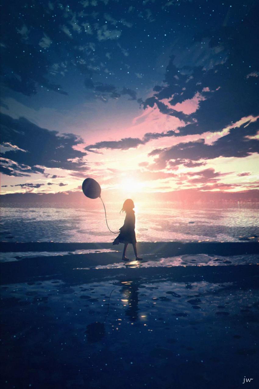 1girl absurdres arms_behind_back artist_name balloon beach clouds dress highres holding holding_balloon medium_hair original outdoors reflection scenery shoes silhouette sky skyrick9413 solo star_(sky) sun sunlight sunset walking wind