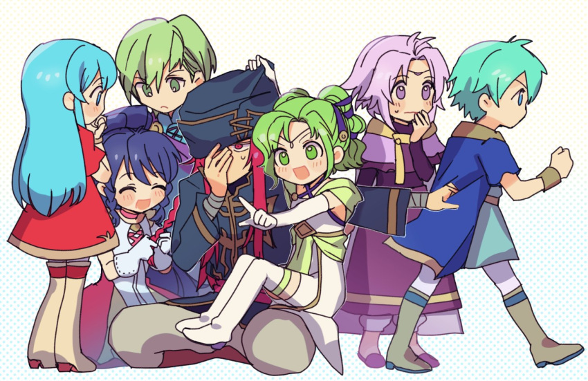 3girls 4boys :d aqua_hair bangs blue_hair blush boots bracelet braid circlet eirika_(fire_emblem) elbow_gloves ephraim_(fire_emblem) fire_emblem fire_emblem:_the_sacred_stones fire_emblem_heroes gloves green_eyes green_hair hair_between_eyes hand_on_own_face hat innes_(fire_emblem) jewelry joshua_(fire_emblem) kurimori l'arachel_(fire_emblem) long_hair lyon_(fire_emblem) multiple_boys multiple_girls open_mouth pointing pulled_by_another pulling purple_hair red_eyes redhead short_hair sitting sitting_on_lap sitting_on_person smile tana_(fire_emblem) thigh-highs thigh_boots twin_braids violet_eyes younger