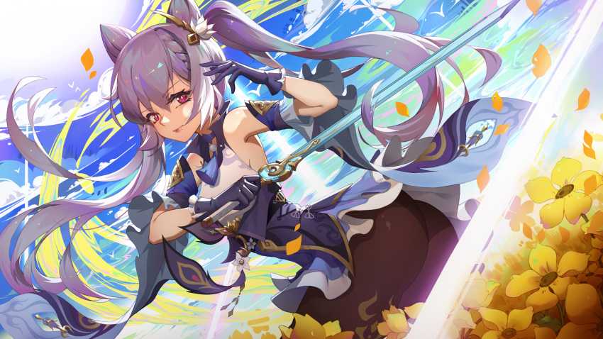 1girl absurdres armpits ass bangs bent_over black_gloves black_legwear blue_sky braid choker clouds cloudy_sky commentary_request detached_sleeves eyebrows_visible_through_hair flower genshin_impact gloves hair_between_eyes hair_ornament highres holding holding_sword holding_weapon keqing_(genshin_impact) long_hair looking_at_viewer looking_back pantyhose petals purple_hair sidelocks sky solo sword twin_braids twintails twisted_torso violet_eyes weapon wide_sleeves xiaoxiao_nanjue_buyaokeng