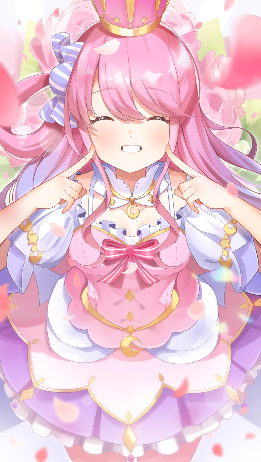 1girl absurdres bangs blush candy_hair_ornament closed_eyes crown detached_collar dress eyebrows_visible_through_hair flower food-themed_hair_ornament furuki_ayaginutaira gradient_hair grin hair_ornament hair_rings highres himemori_luna hololive jewelry long_hair looking_at_viewer multicolored_hair one_side_up open_mouth petals pink_hair pointing pointing_at_self princess purple_hair smile solo virtual_youtuber wavy_hair
