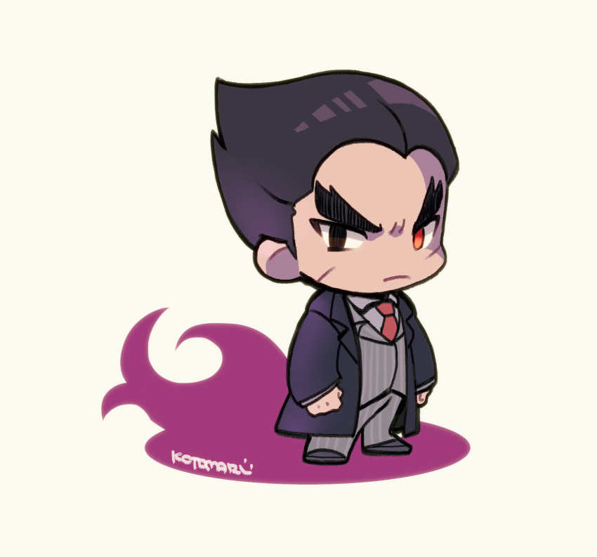 1boy black_hair brown_hair chibi crossed_arms formal highres jacket kotorai looking_at_viewer male_focus mishima_kazuya muscular necktie red_eyes scar shirt short_hair simple_background solo suit super_smash_bros. tekken thick_eyebrows