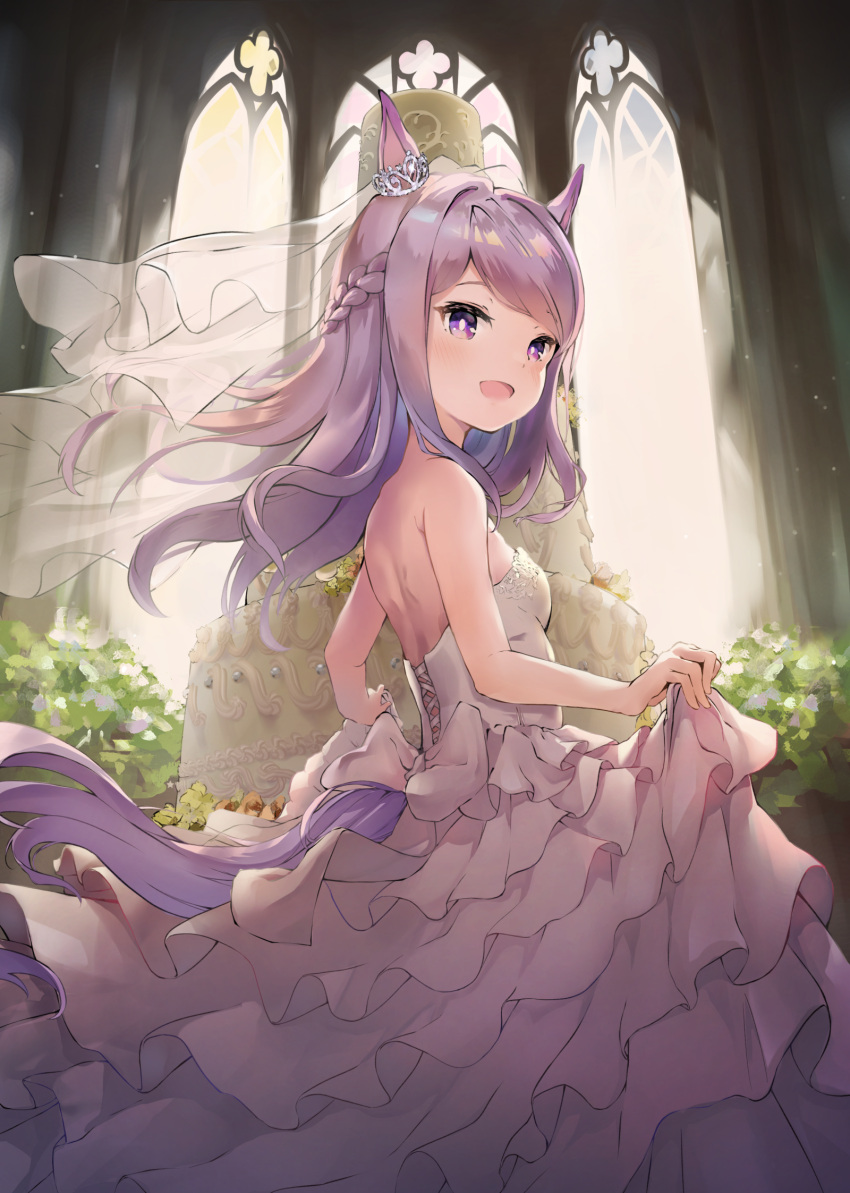 1girl :d animal_ears bare_arms bare_shoulders blush braid breasts commentary_request dress floating_hair from_side gaaratelier highres horse_ears horse_girl horse_tail indoors layered_dress long_hair looking_at_viewer looking_to_the_side medium_breasts mejiro_mcqueen_(umamusume) open_mouth pleated_dress purple_dress purple_hair see-through smile solo strapless strapless_dress tail umamusume veil violet_eyes wedding_cake wedding_dress white_dress