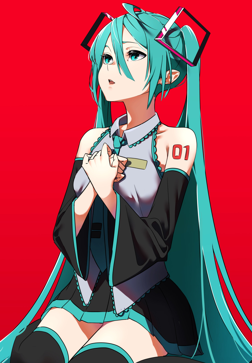 1girl absurdres aqua_eyes aqua_hair aqua_neckwear bare_shoulders black_legwear black_skirt black_sleeves collarbone commentary cowboy_shot detached_sleeves grey_shirt hair_ornament hands_on_own_chest hands_together hatsune_miku highres lips long_hair looking_up miniskirt mugi626 necktie open_mouth pleated_skirt red_background shirt shoulder_tattoo sitting skirt sleeveless sleeveless_shirt solo tattoo thigh-highs twintails very_long_hair vocaloid wariza zettai_ryouiki