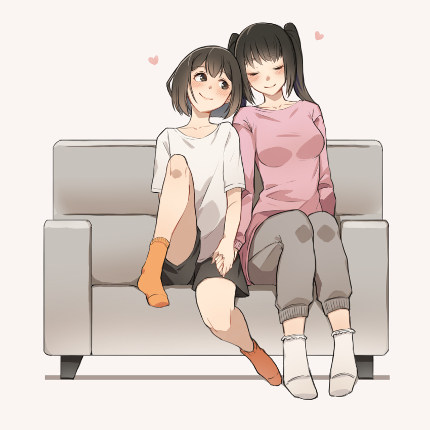 2girls absurdres beige_background black_shorts blush breasts brown_eyes brown_hair closed_eyes closed_mouth collarbone commentary couch eichan_(eichanidfi) eyebrows_visible_through_hair full_body grey_pants heart highres holding_hands knee_up long_hair long_sleeves loungewear medium_breasts multiple_girls on_couch orange_legwear original pants pink_sweater shirt short_hair short_sleeves shorts sideways_glance simple_background sitting smile socks sweater t-shirt twintails white_legwear white_shirt yuri