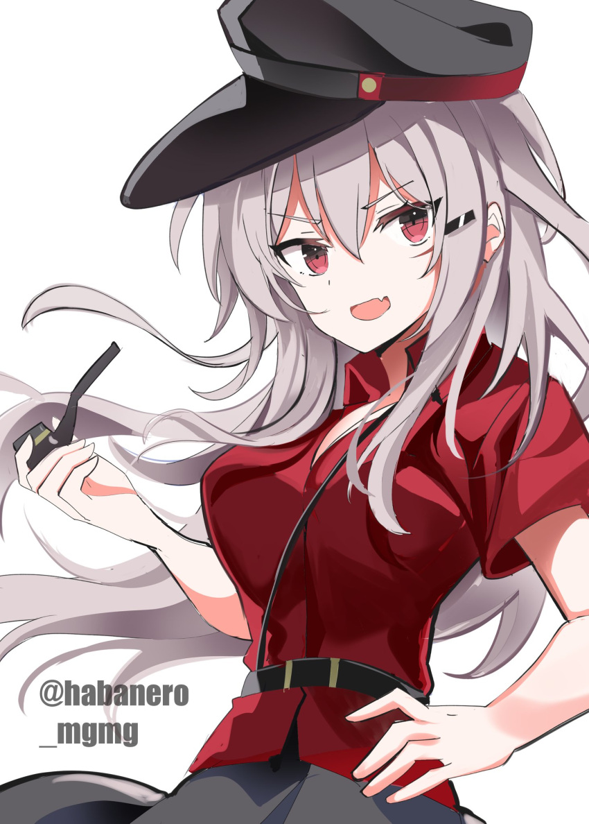 1girl black_gloves black_headwear black_skirt fang fathom gangut_(kancolle) gloves grey_hair hand_on_hip hat highres holding holding_pipe kantai_collection long_hair looking_at_viewer one-hour_drawing_challenge peaked_cap pipe red_eyes red_shirt remodel_(kantai_collection) scar scar_on_cheek scar_on_face shirt simple_background skin_fang skirt solo twitter_username upper_body white_background