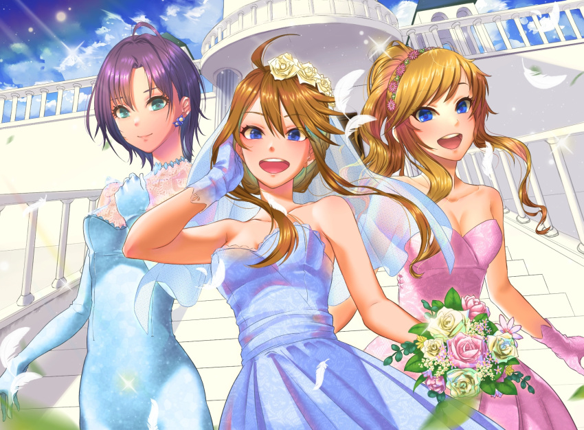 3girls :d ahoge asakura_tooru bangs bare_shoulders blonde_hair blue_dress blue_eyes blue_gloves breasts brown_hair collarbone dress earrings feathers flower gloves green_dress hair_flower hair_ornament hand_in_hair highres idolmaster idolmaster_cinderella_girls idolmaster_shiny_colors jewelry kaiso_(kaisooekaki) looking_at_viewer medium_breasts multiple_girls ohtsuki_yui open_mouth outdoors pink_dress pink_flower pleated_dress purple_hair short_hair smile stairs standing tokoro_megumi upper_teeth yellow_flower