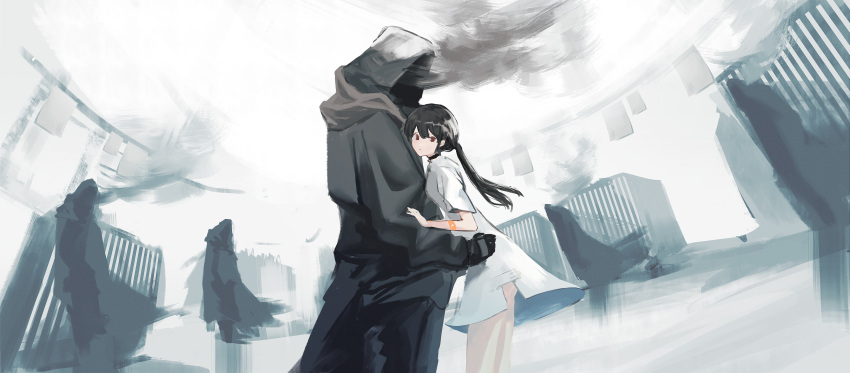 1girl 5others absurdres ambiguous_gender bangs bare_legs black_choker black_cloak black_hair brown_eyes cage choker cloak closed_mouth commentary dress hair_between_eyes hand_on_another's_arm hands_on_another's_waist hidden_face highres hood hood_up hooded_cloak long_hair looking_at_viewer multiple_others original ponytail reaching short_sleeves smoke tattoo teraka1110 white_dress