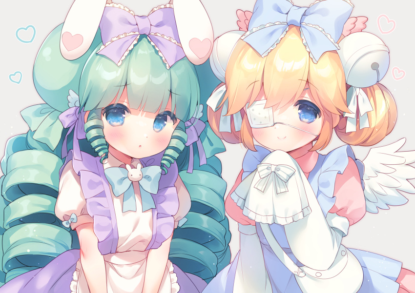 2girls :o apron bag bangs bell blue_apron blue_bow blue_eyes blush bow closed_mouth collared_dress commentary_request commission cutesu_(cutesuu) double_bun dress drill_hair eyebrows_visible_through_hair eyepatch frilled_apron frills green_hair grey_background hair_bell hair_between_eyes hair_bow hair_ornament heart highres jingle_bell layered_sleeves long_hair long_sleeves looking_at_viewer medical_eyepatch miruku_(cutesuu) multiple_girls original parted_lips pink_dress pixiv_request puffy_short_sleeves puffy_sleeves purple_bow purple_skirt shirt short_over_long_sleeves short_sleeves shoulder_bag simple_background skirt sleeves_past_fingers sleeves_past_wrists smile suspender_skirt suspenders usashiro_mani very_long_hair waist_apron white_apron white_shirt